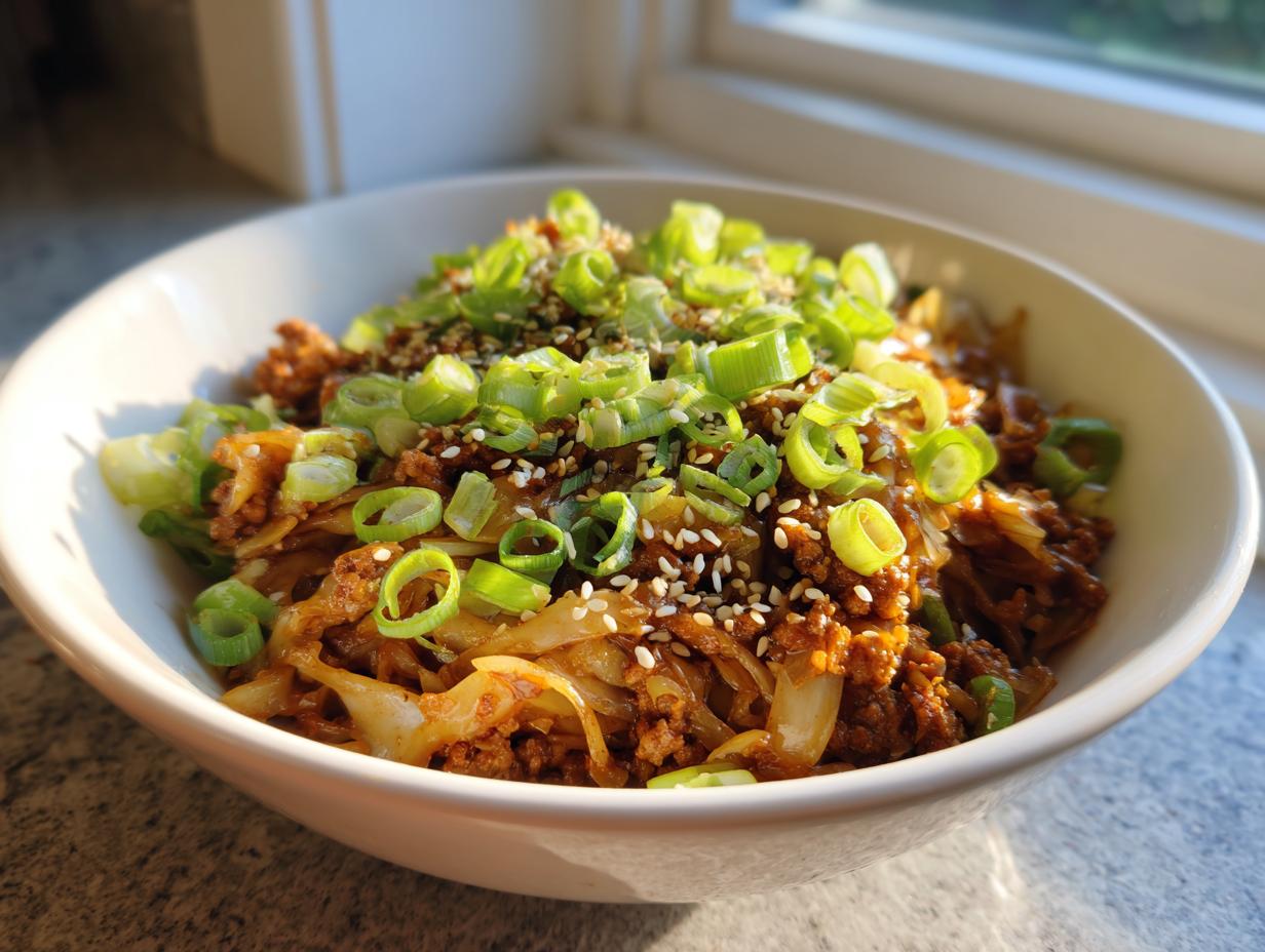 A white bowl filled with savory egg roll in a bowl mixture, topped generously with sliced green onions and sesame seeds.