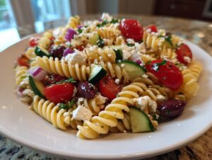 A close-up shot of a serving of vibrant mediterranean pasta salad featuring rotini, cherry tomatoes, cucumber, feta, and Kalamata olives.