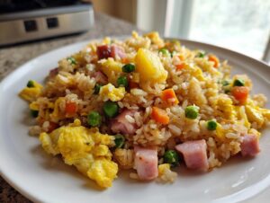 A close-up shot of a serving of colorful pineapple fried rice featuring chunks of ham, peas, carrots, scrambled egg, and pineapple.
