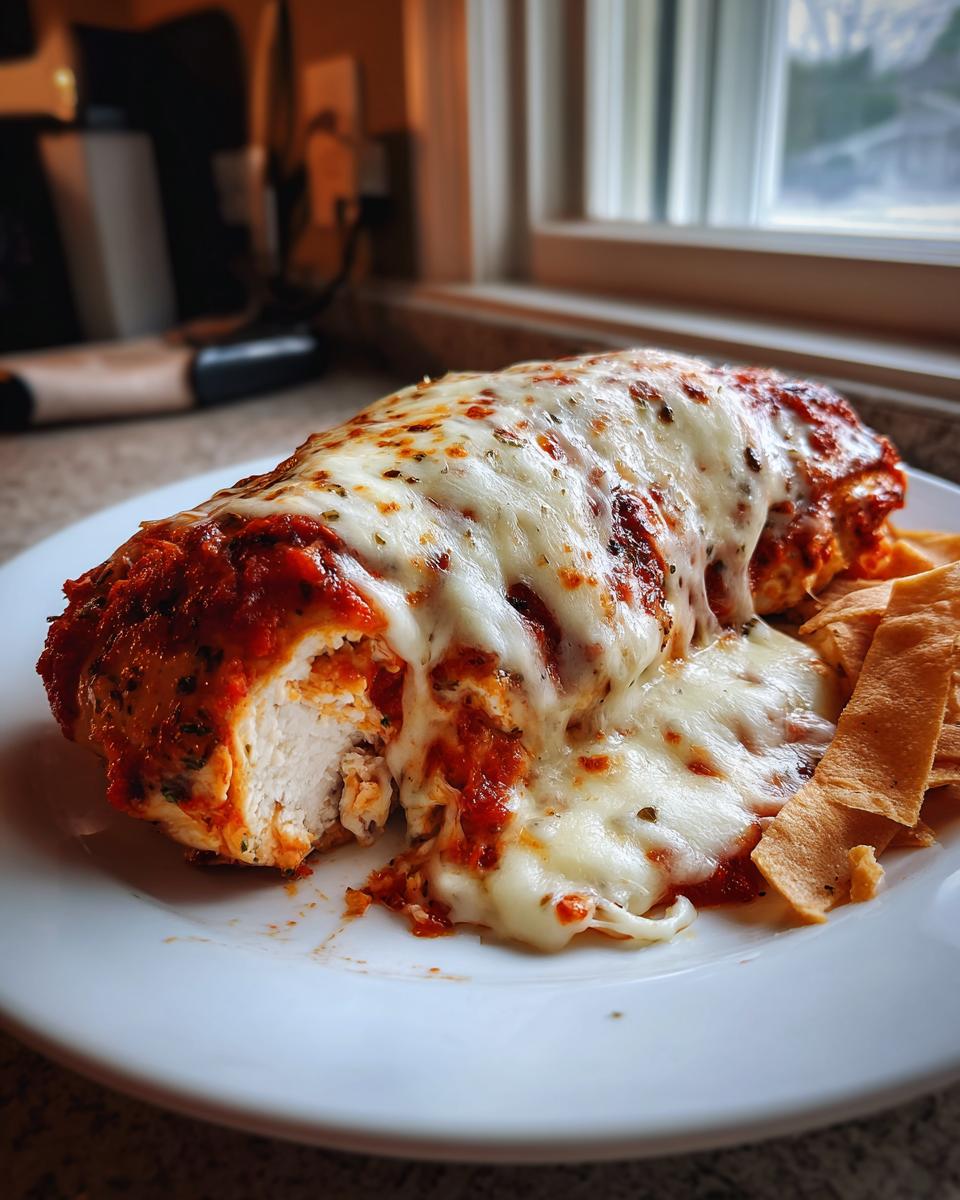 A cross-section of Fiesta Lime Chicken covered in melted mozzarella cheese and red sauce, served with tortilla chips.