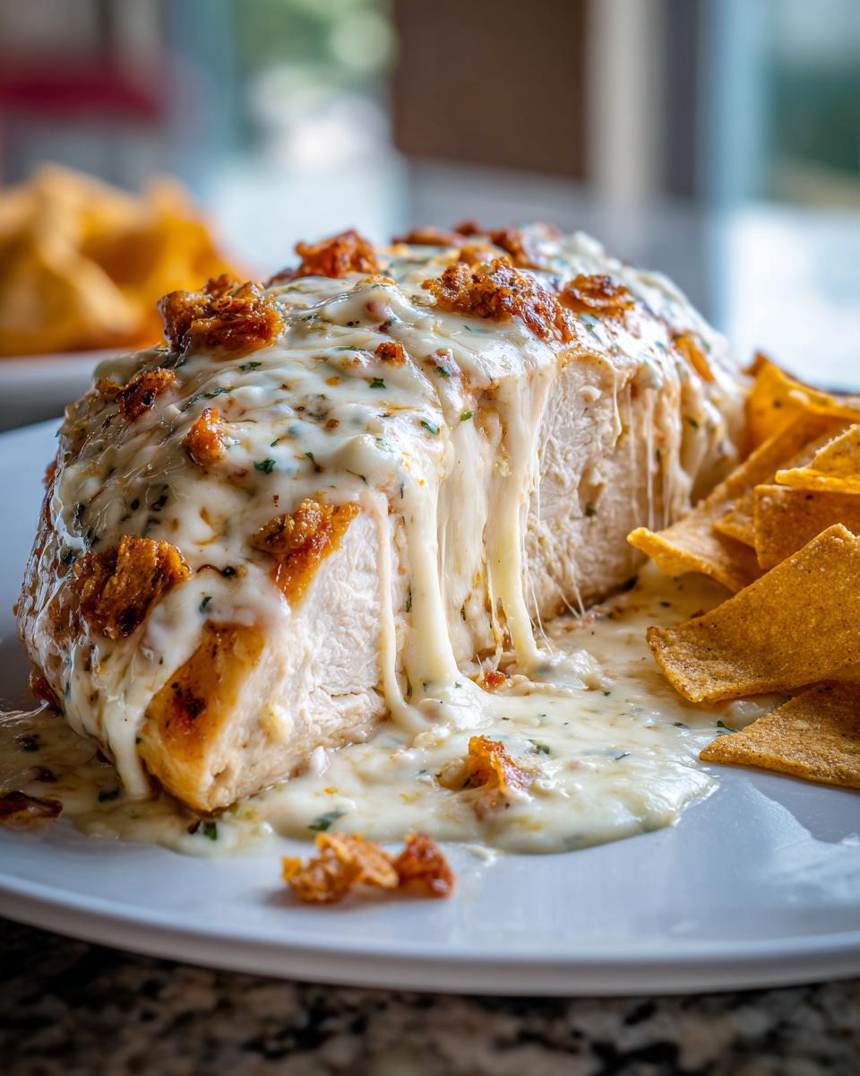 Cross-section of Fiesta Lime Chicken covered in gooey, melted white cheese sauce and crispy bits, served with tortilla chips.