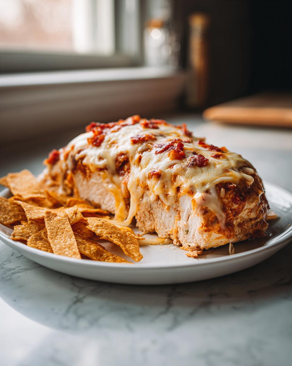 A slice of baked fiesta lime chicken topped with melted cheese and bacon bits, served with tortilla chips.