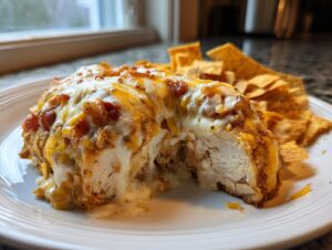 Cross-section of fiesta lime chicken topped with melted cheese and served with tortilla chips.