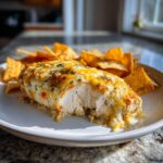 A cross-section of juicy Fiesta Lime Chicken topped with melted cheese and herbs, served with tortilla chips.
