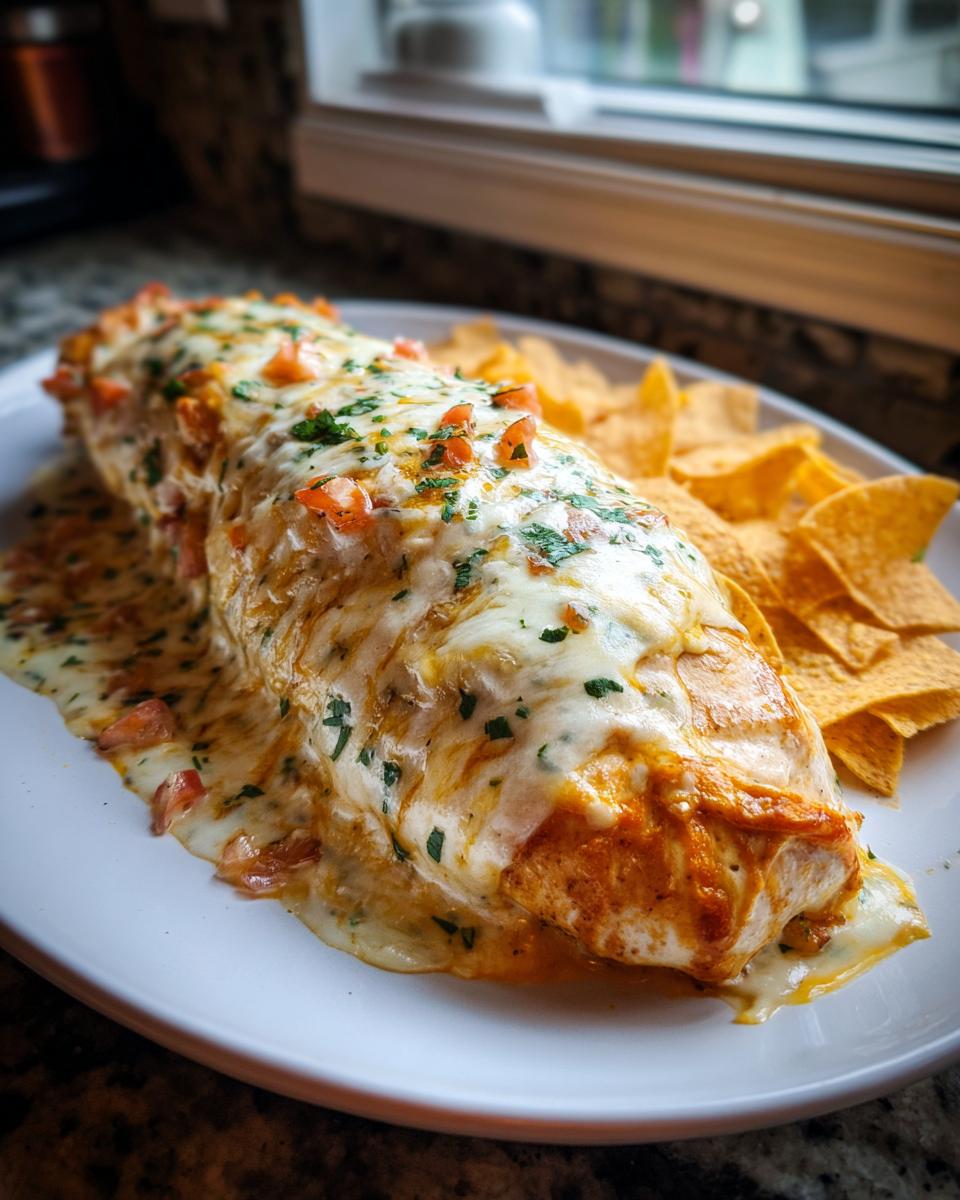 A large, smothered burrito covered in melted white cheese and diced tomatoes, served alongside tortilla chips, inspired by fiesta lime chicken.
