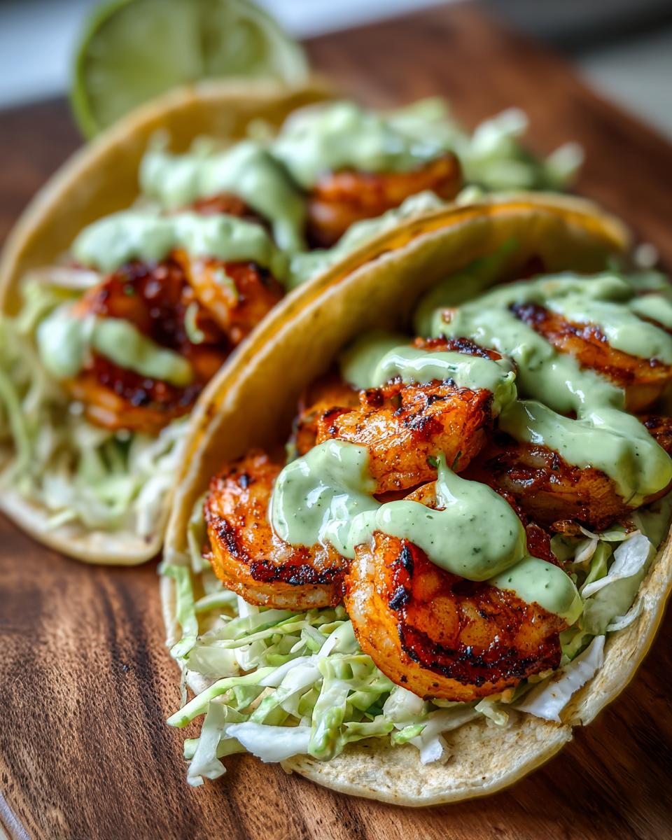 Two delicious shrimp taco halves filled with seasoned shrimp, shredded cabbage, and drizzled with a creamy green sauce.