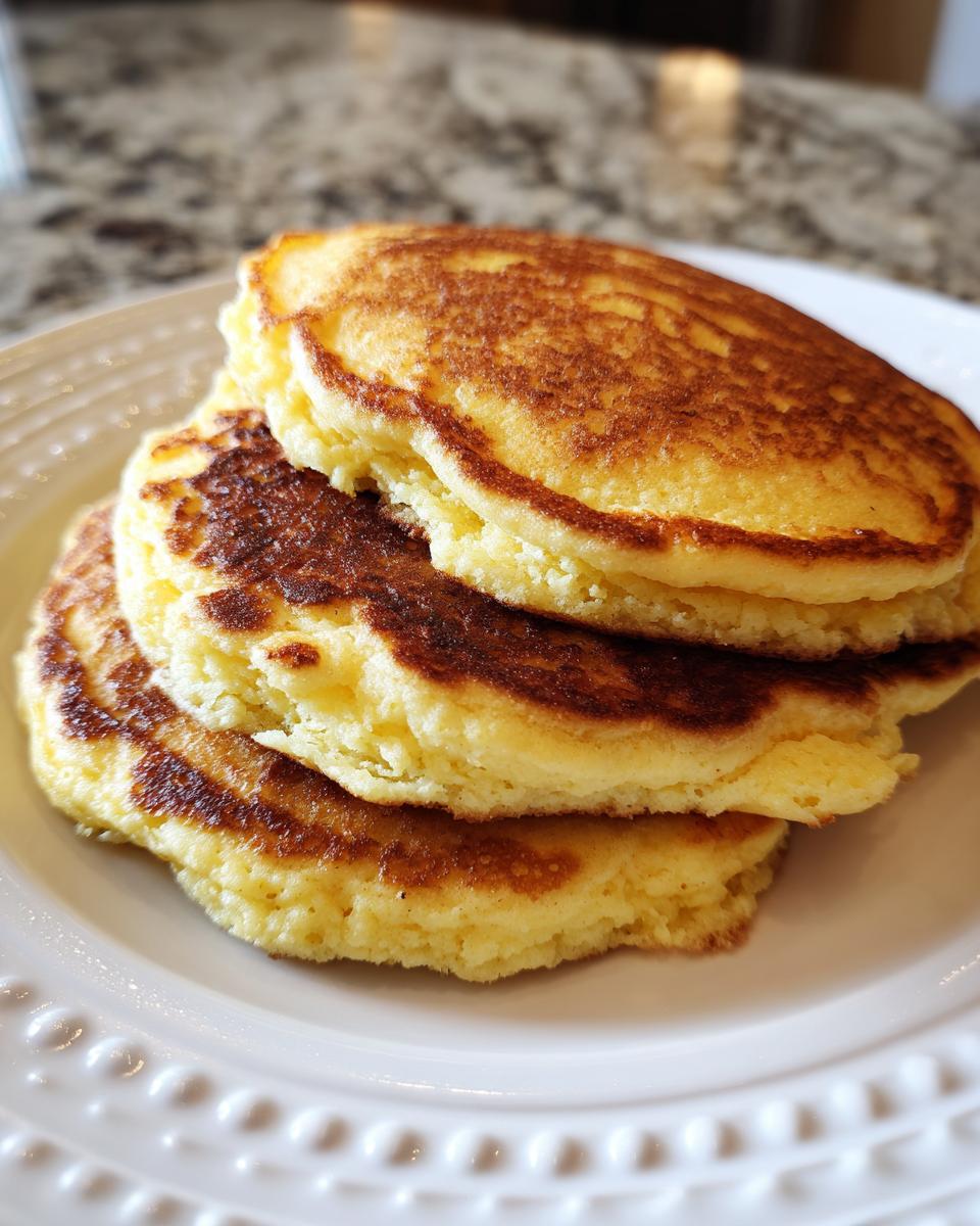 Close-up of a stack of three fluffy almond flour pancakes with golden-brown, slightly crispy edges.