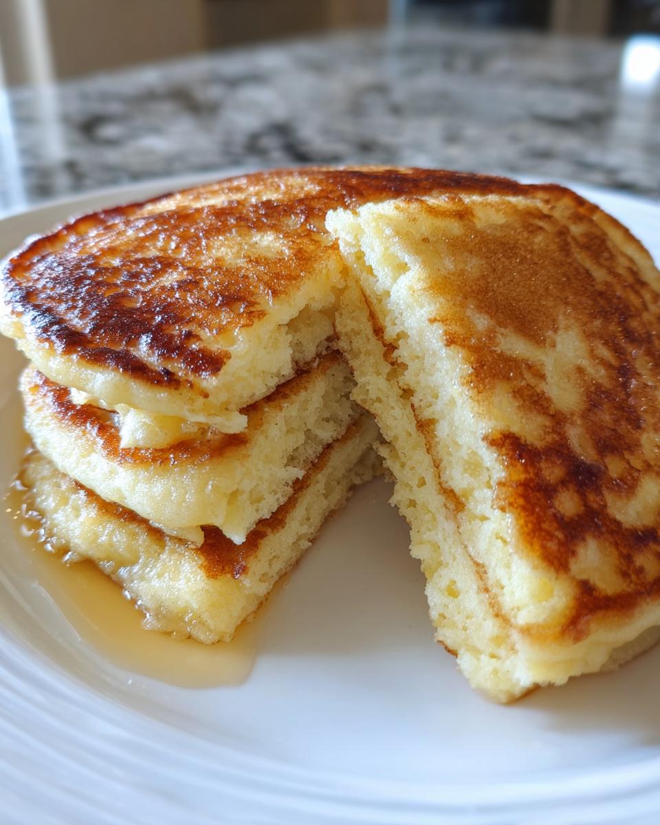 Close-up of a stack of three fluffy almond flour pancakes, cut open to show the texture, drizzled with syrup.