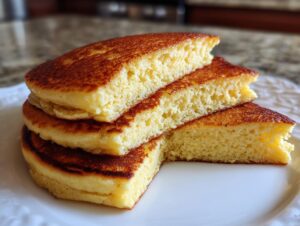 Close-up of fluffy almond flour pancakes stacked and cut to show the light, airy interior texture.