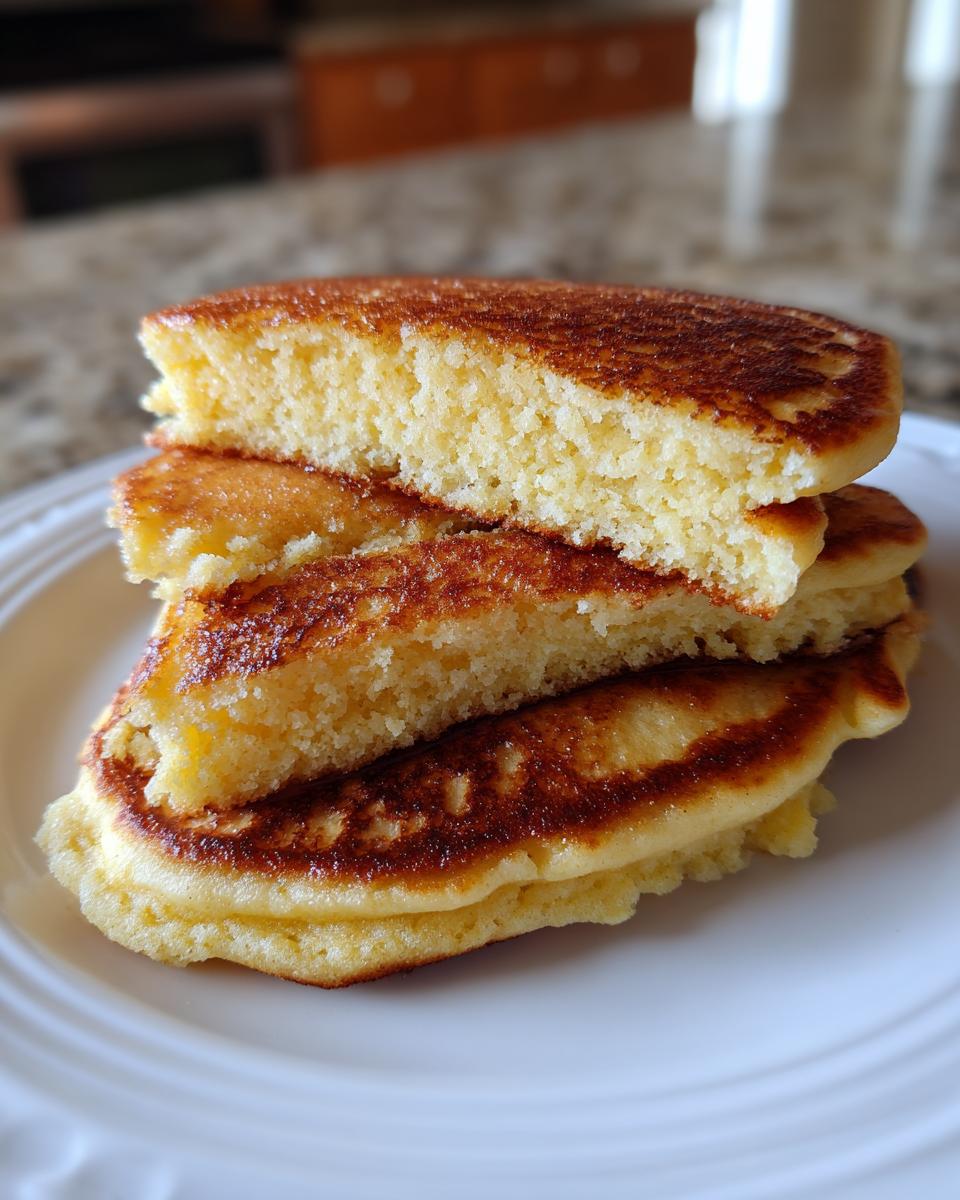 Close-up of a stack of fluffy almond flour pancakes, showing the golden brown exterior and light, airy interior texture.