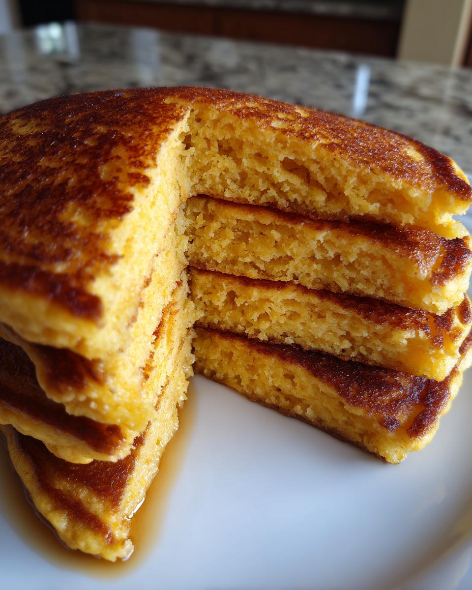 Close-up of a stack of fluffy almond flour pancakes, cut to show the moist interior texture.