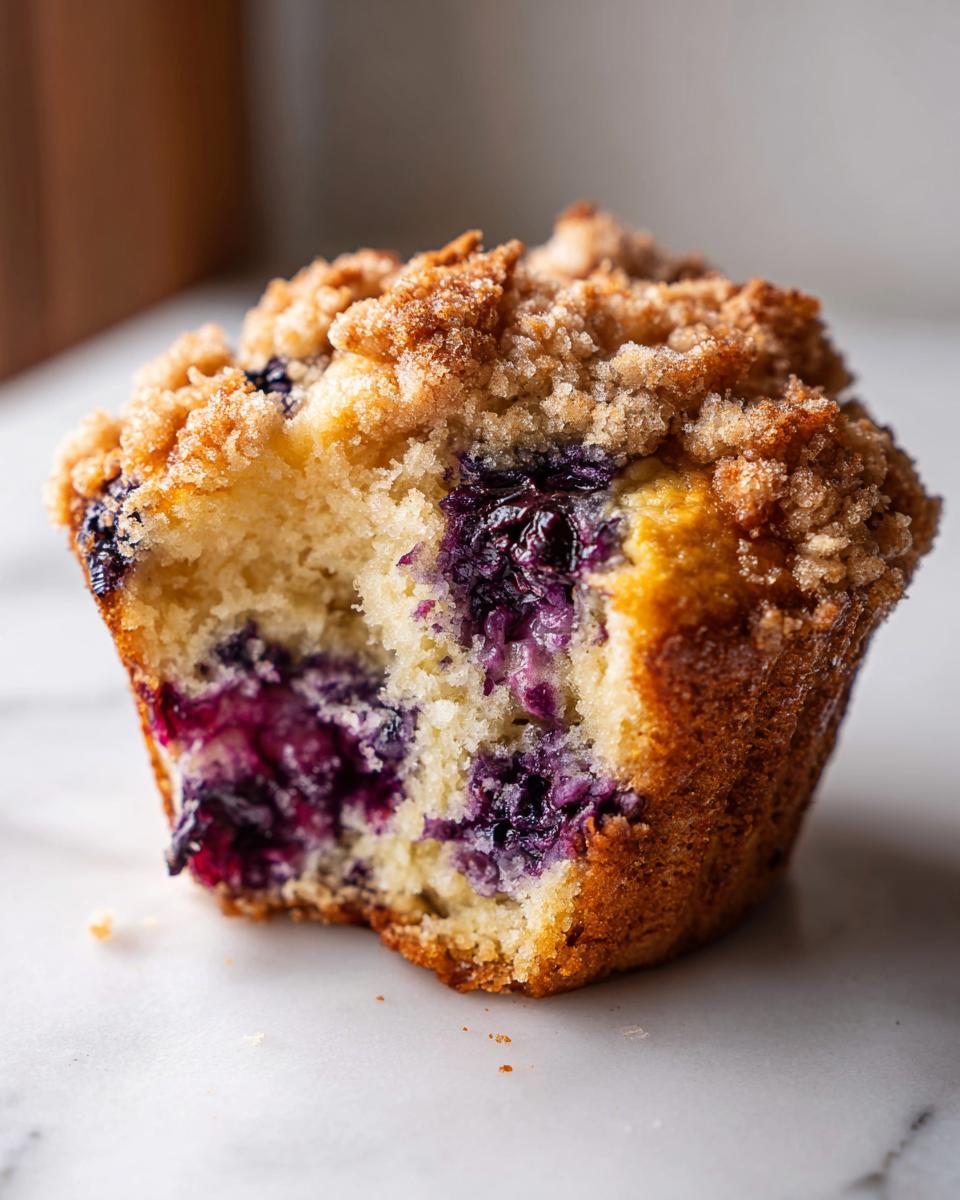 Close-up of a fluffy blueberry muffin with a bite taken out, showing juicy blueberries and a crumb topping.