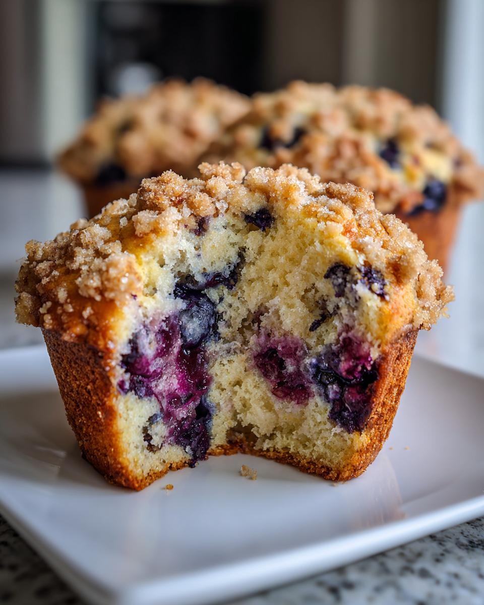 Close-up of a fluffy blueberry muffin cut in half, showing juicy blueberries and a sugary crumb topping.