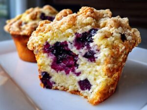 Close-up of a fluffy blueberry muffin cut in half, showing moist interior and streusel topping.