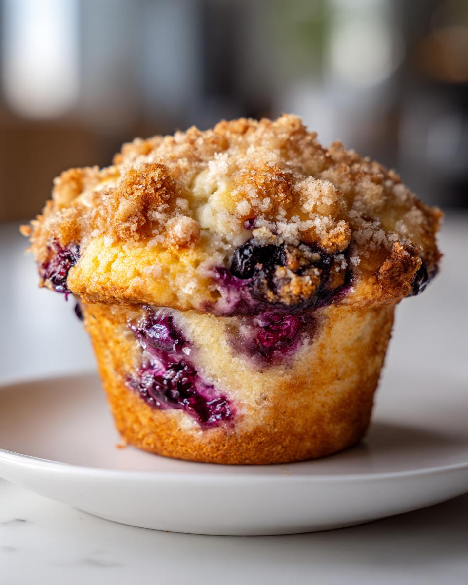Close-up of a fluffy blueberry muffin with a golden crumb topping sitting on a white plate.
