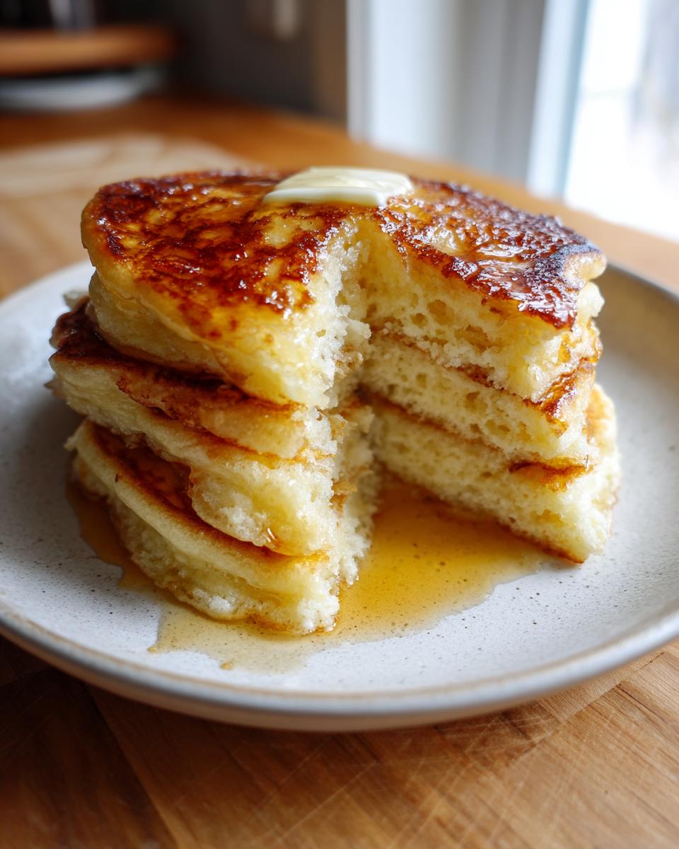 A stack of fluffy discard pancakes with a pat of melting butter and syrup pooling at the base.