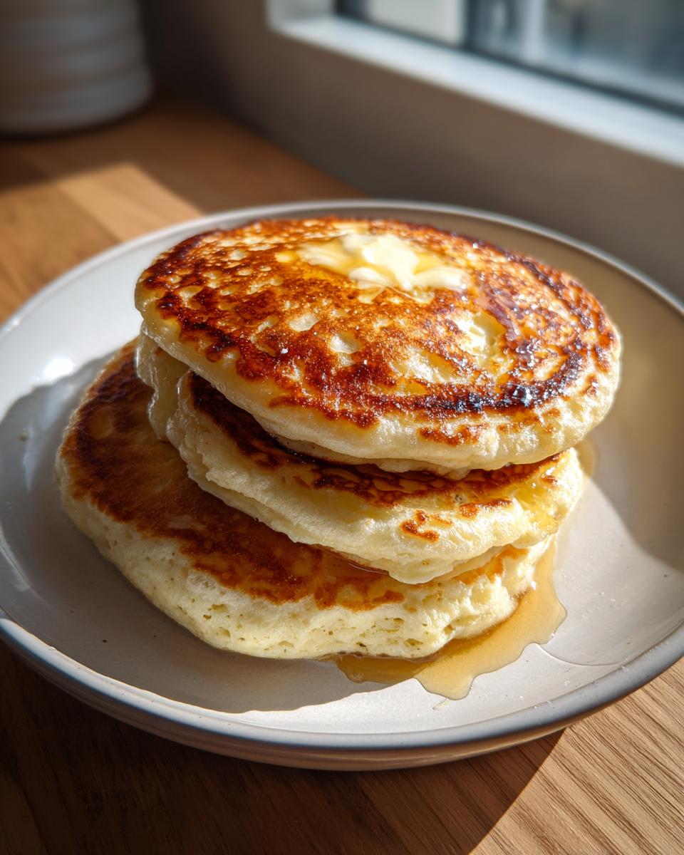 A stack of three fluffy discard pancakes topped with melting butter and syrup on a light plate.