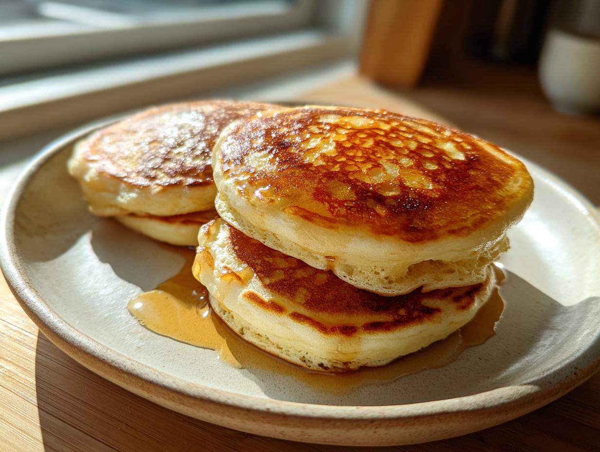 A stack of three fluffy discard pancakes drizzled generously with golden syrup on a light ceramic plate.