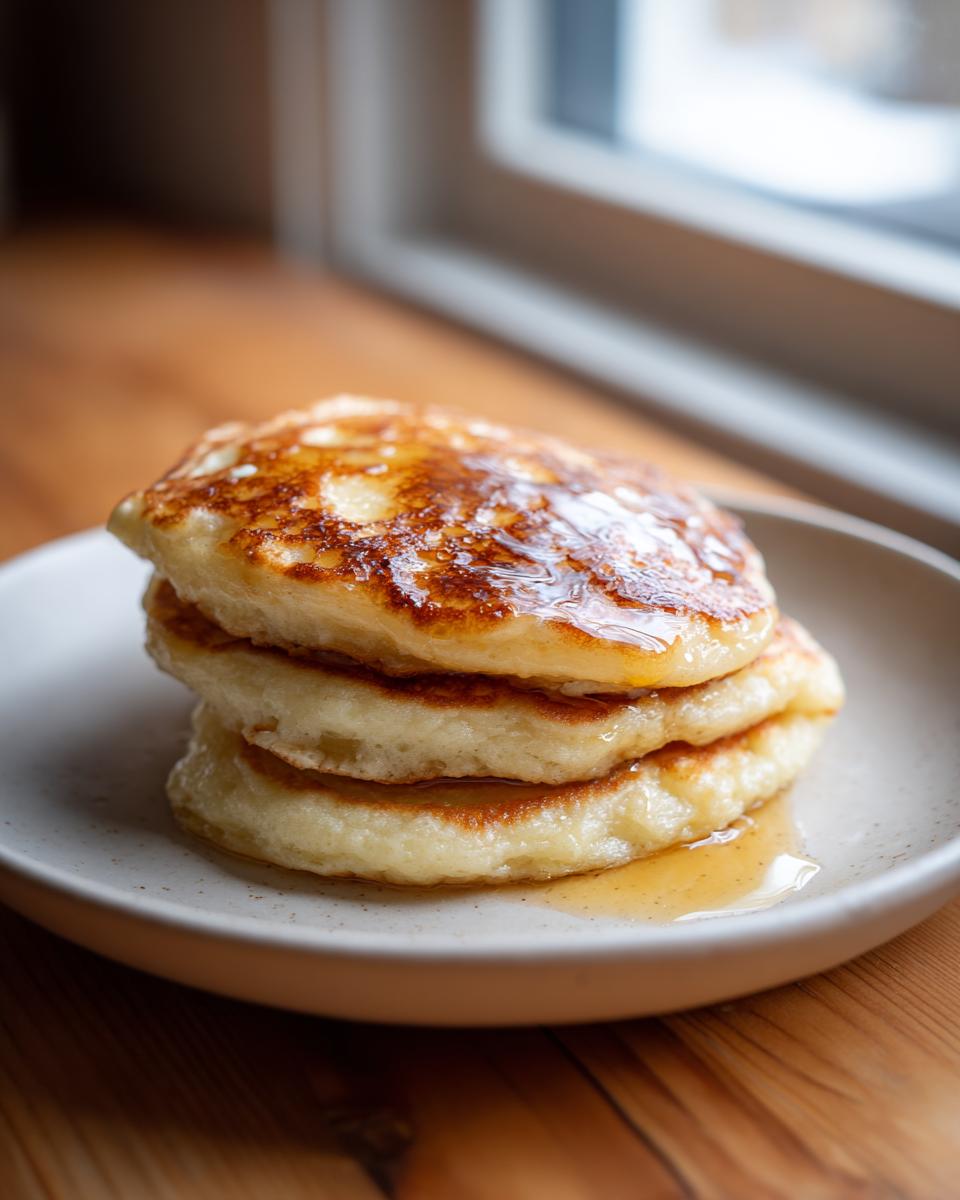 A stack of three fluffy discard pancakes drizzled generously with golden syrup on a light plate.