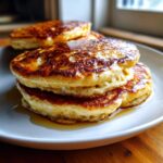 A stack of three golden brown, fluffy discard pancakes drizzled generously with maple syrup.