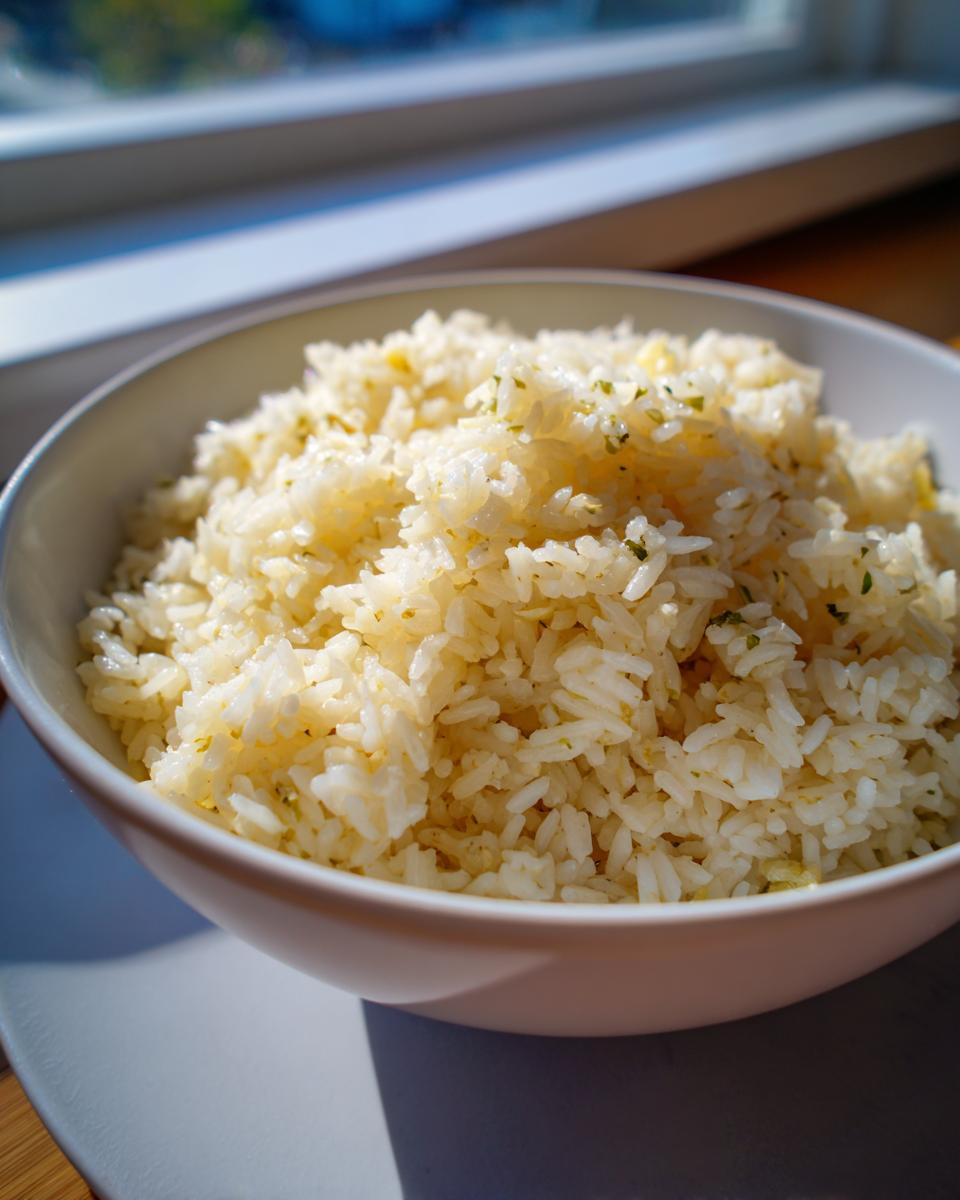 A close-up of fluffy white rice seasoned with herbs, served as garlic butter rice in a white bowl.