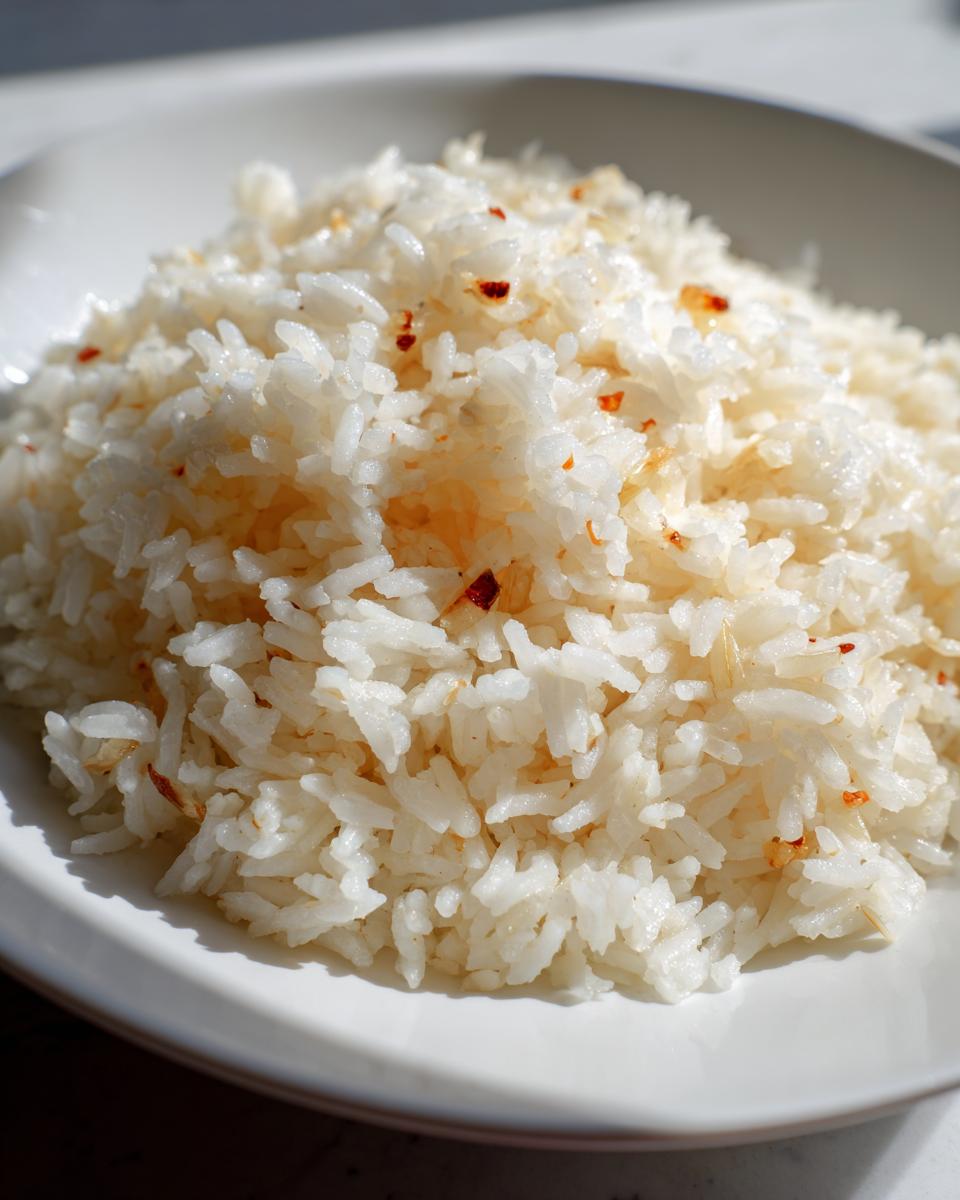 Close-up of fluffy white rice seasoned with garlic butter and red pepper flakes, ready to serve.
