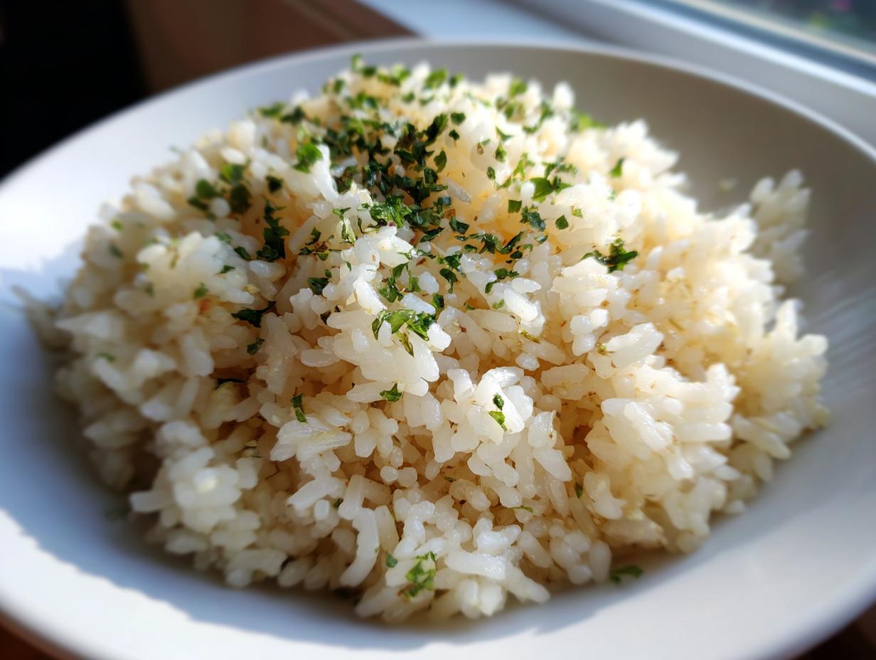 Close-up of a white bowl filled with fluffy garlic butter rice, garnished generously with chopped green parsley.