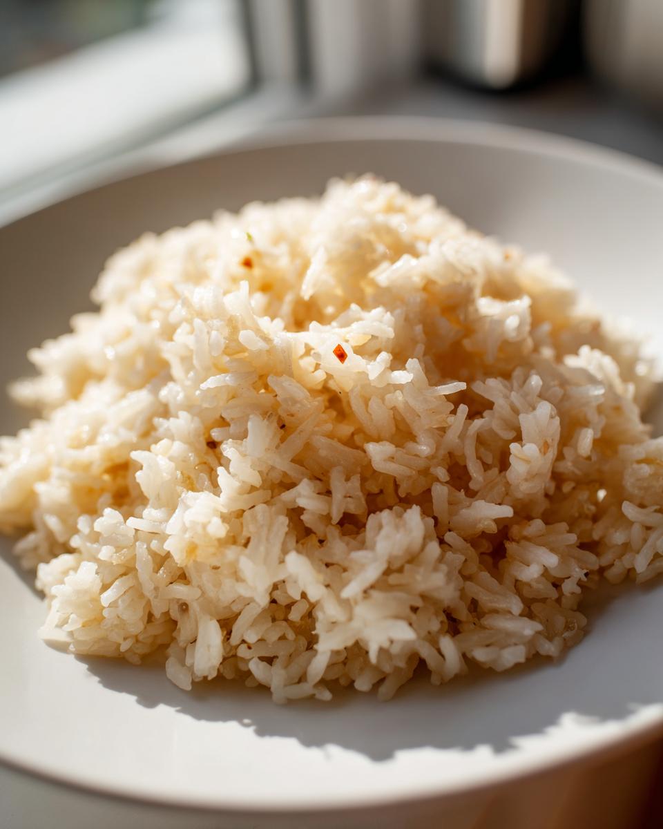 Close-up of a mound of fluffy garlic butter rice served on a white plate, highlighted by natural sunlight.