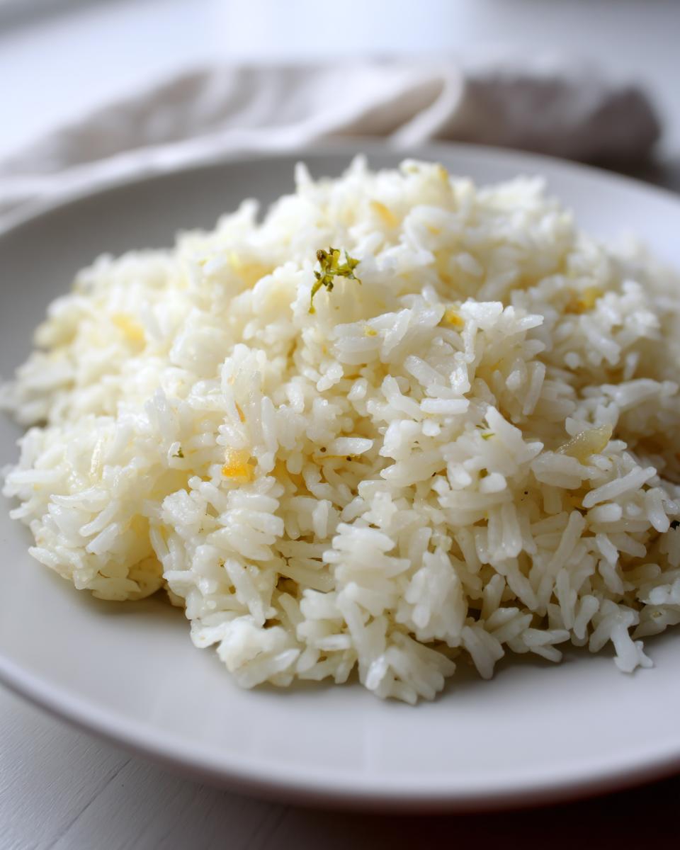 A close-up of fluffy white garlic butter rice served on a light gray plate, garnished with a tiny piece of green herb.
