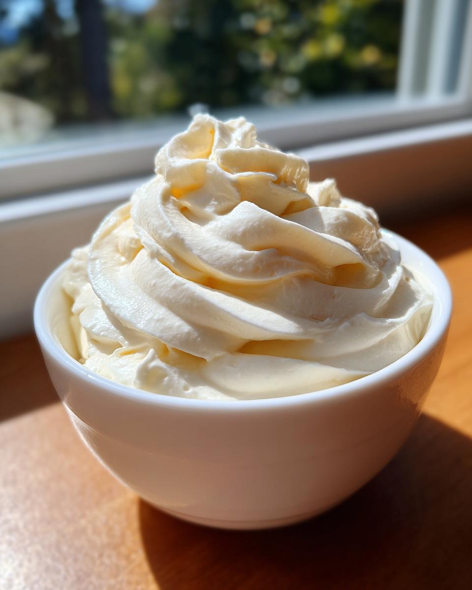 A close-up of freshly made, fluffy homemade mayonnaise piped high into a small white bowl.
