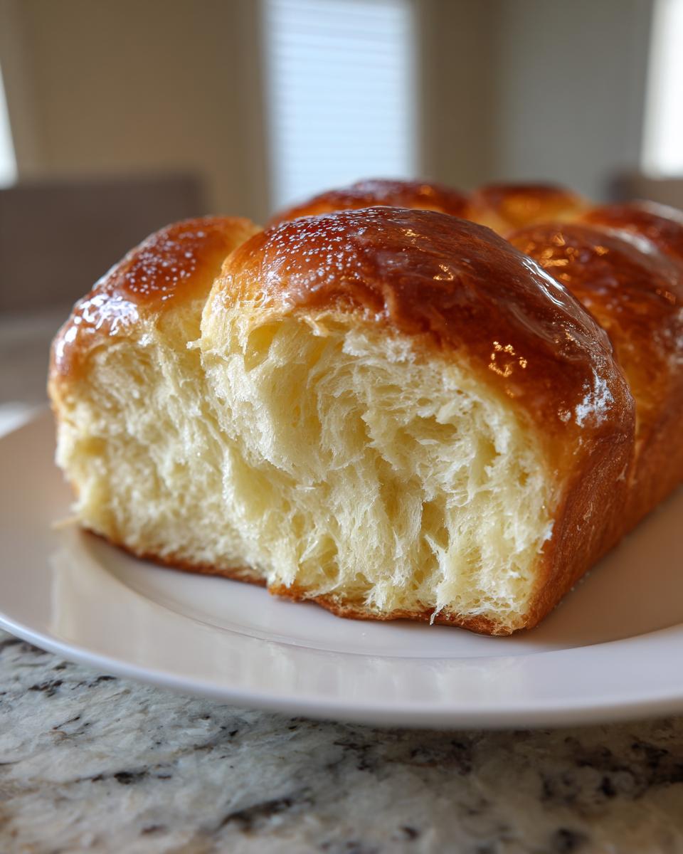 Close-up of a freshly baked japanese milk bread loaf showing its incredibly soft, pull-apart interior and glossy brown crust.