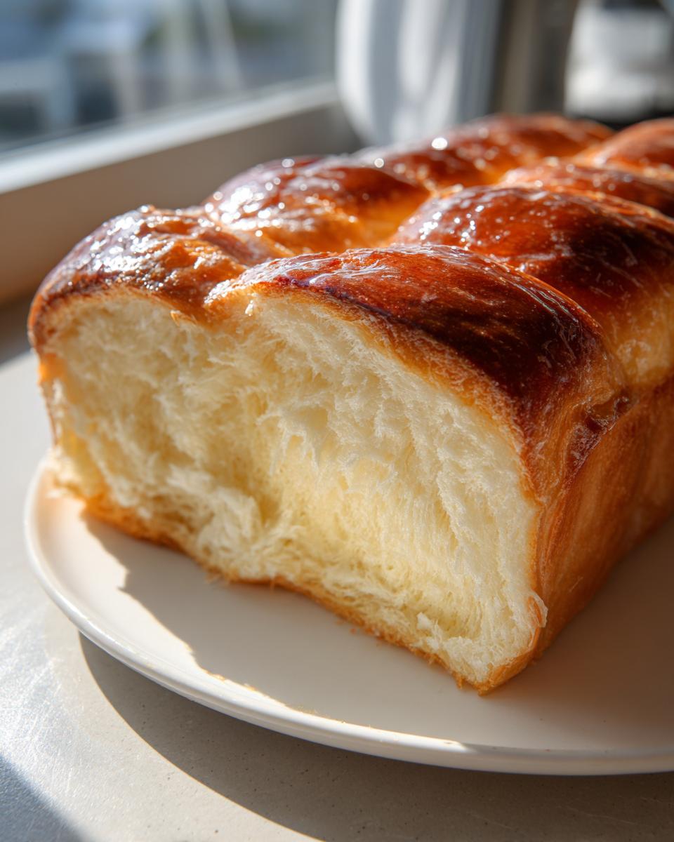 Close-up of a sliced loaf of japanese milk bread showing its incredibly soft, fluffy, and white interior crumb.