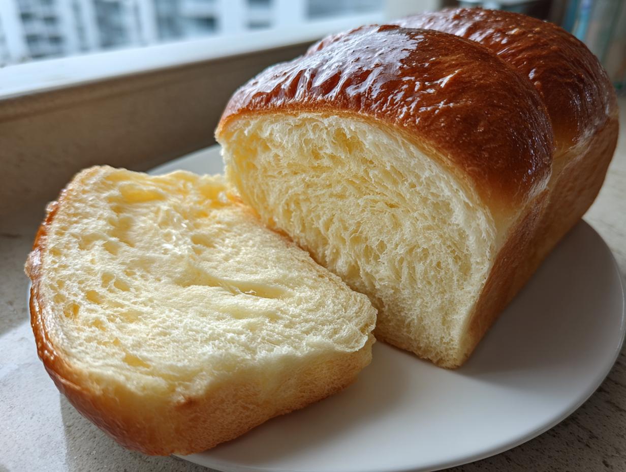A freshly baked loaf of japanese milk bread, sliced to show its incredibly soft, fluffy interior and glossy crust.