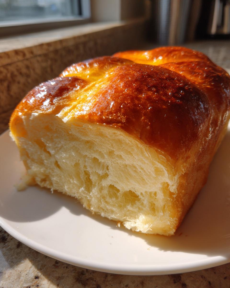 A close-up of a slice of incredibly fluffy japanese milk bread showing its soft interior and glossy, golden-brown top.