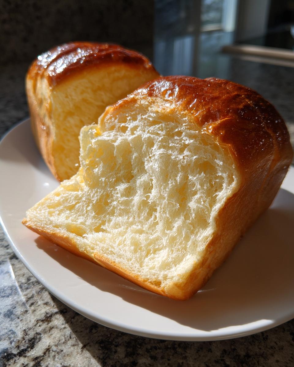 Close-up of a slice of incredibly soft japanese milk bread showing its fluffy, cotton-like interior and glossy brown crust.