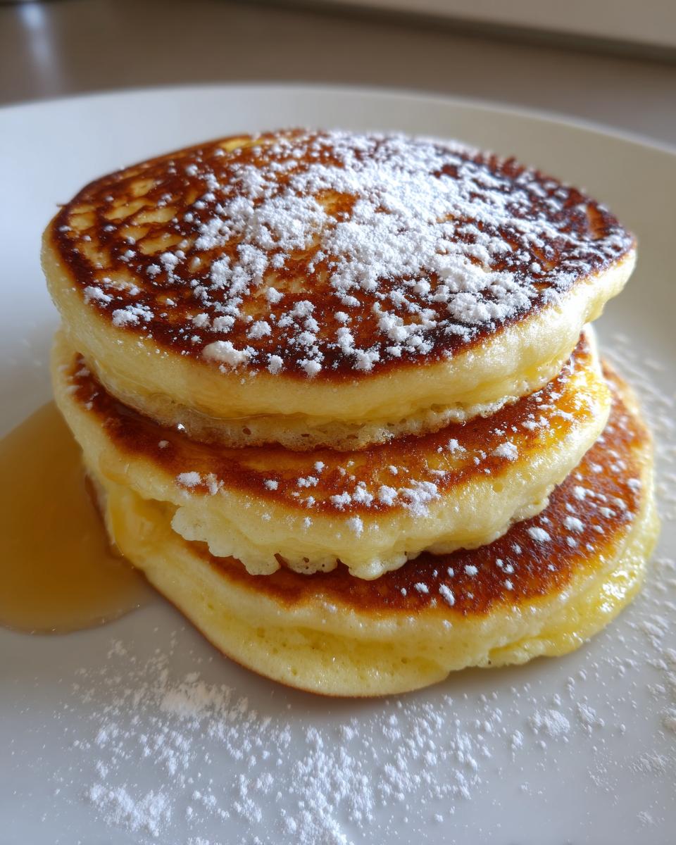 A tall stack of three fluffy sourdough discard pancakes dusted with powdered sugar and drizzled with syrup.