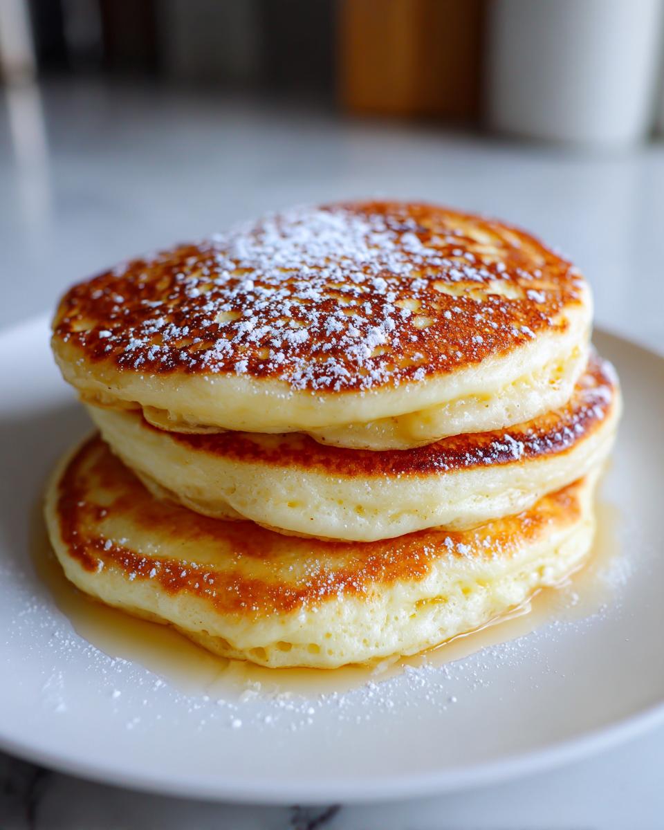 A tall stack of three fluffy sourdough discard pancakes dusted with powdered sugar and drizzled with syrup.