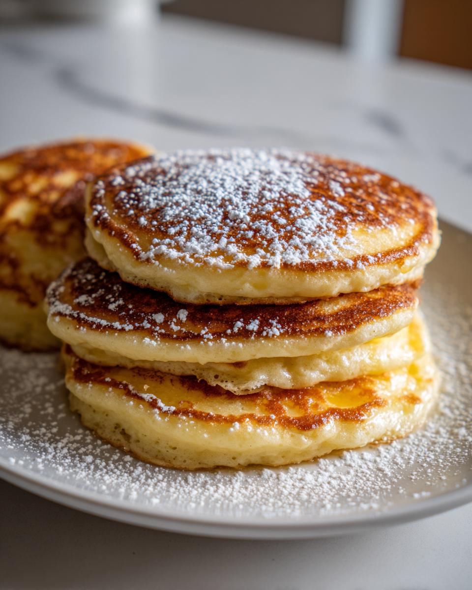 A tall stack of three fluffy sourdough discard pancakes dusted heavily with powdered sugar.