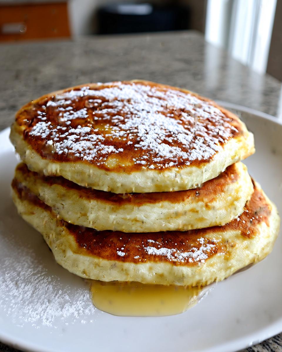A stack of three fluffy sourdough discard pancakes drizzled with syrup and dusted with powdered sugar.