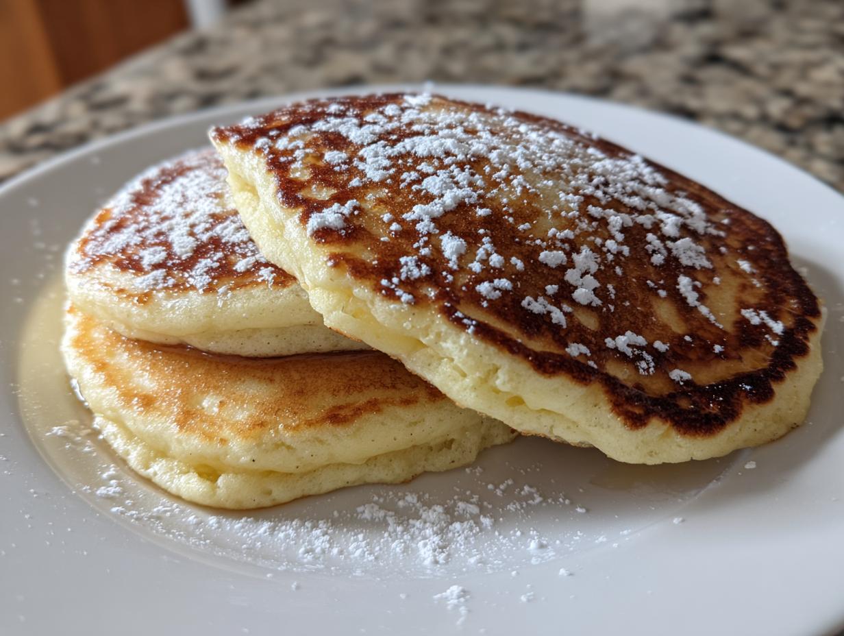 Close-up of a stack of three fluffy sourdough discard pancakes dusted heavily with powdered sugar on a white plate.