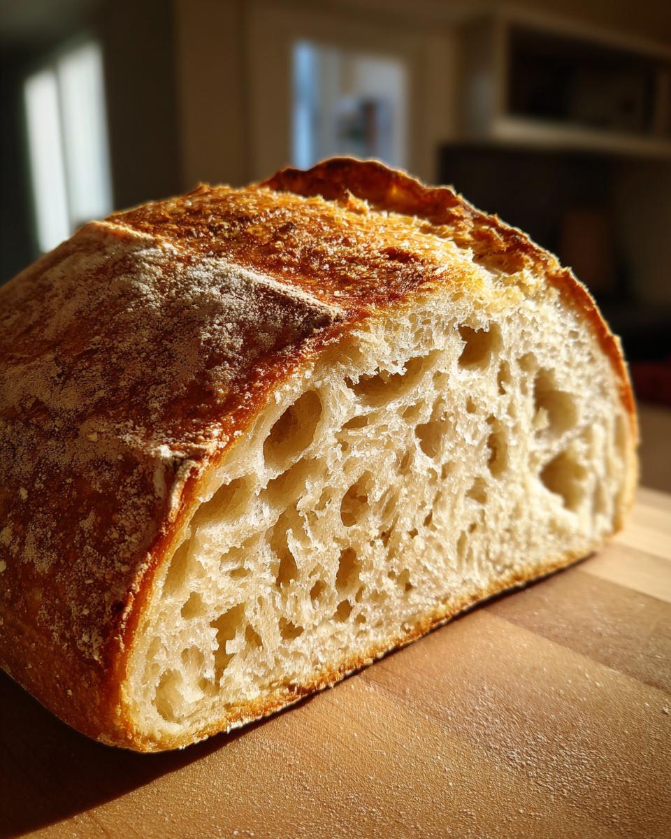 Close-up of a freshly baked french bread loaf cut in half, showing an open, airy crumb structure and a golden, flour-dusted crust.