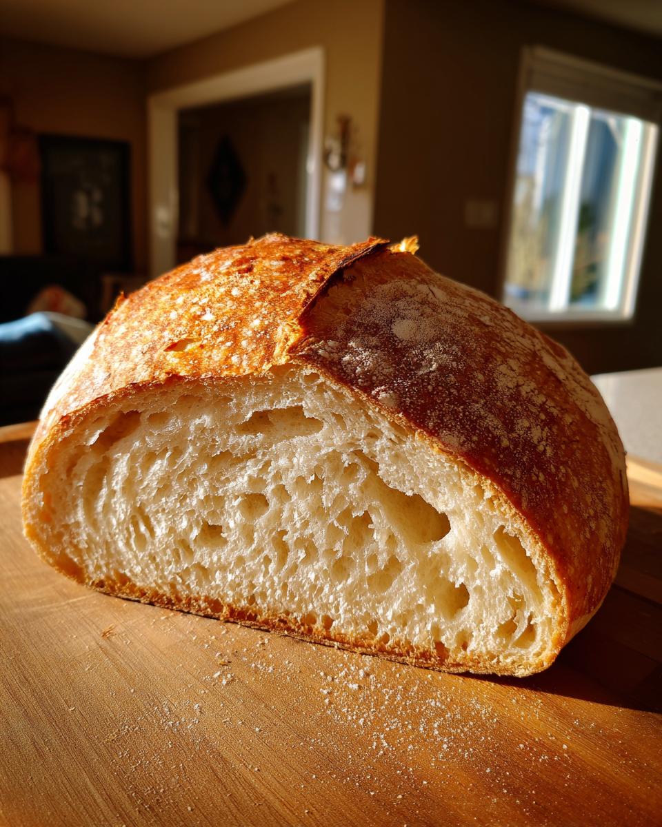 Cross-section of a freshly baked french bread loaf showing an open, airy crumb structure and golden crust.