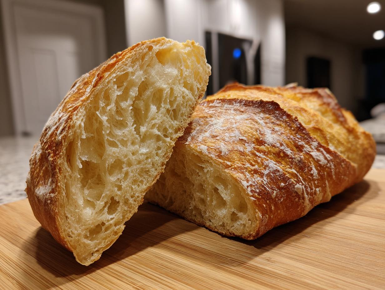 Close-up of homemade french bread cut in half, showing the airy, open crumb structure and golden crust.