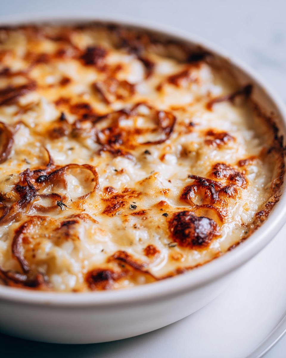 Close-up of creamy, baked French Onion Butter Rice topped with browned, melted cheese and caramelized onions.