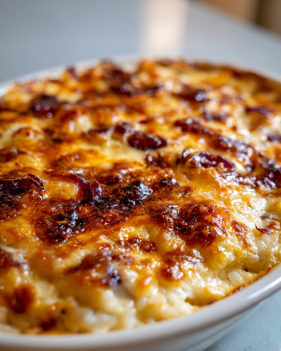 Close-up of baked French onion butter rice with a deeply caramelized and cheesy topping.
