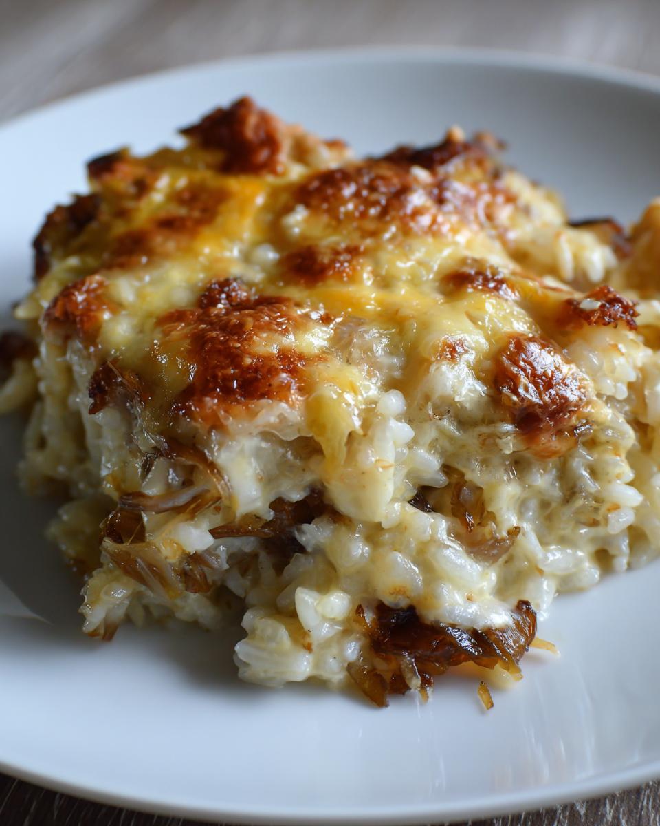 A close-up of a serving of French Onion Butter Rice, topped with melted and browned cheese.