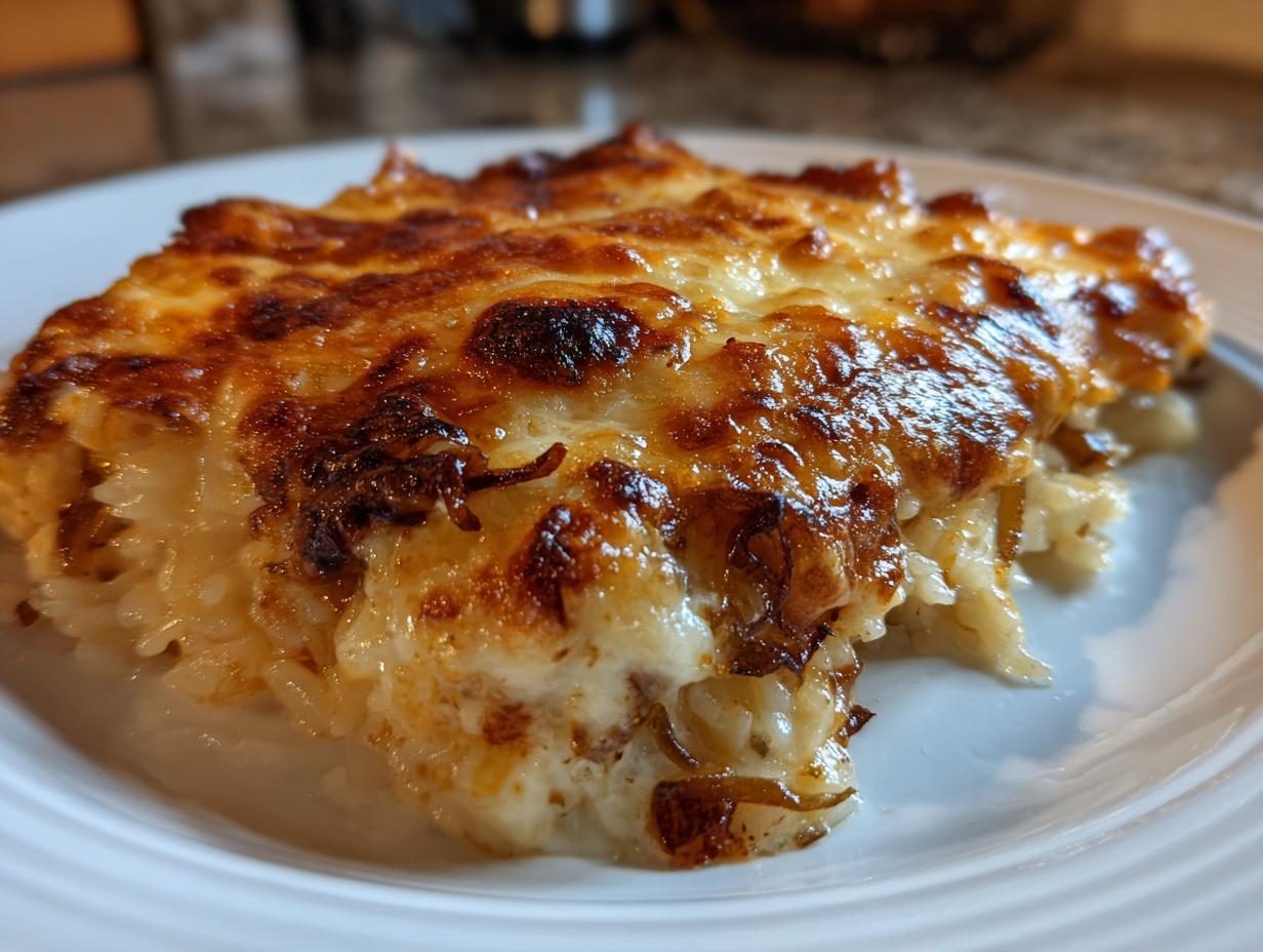 A close-up of a serving of French onion butter rice, featuring creamy rice topped with deeply browned, melted cheese.