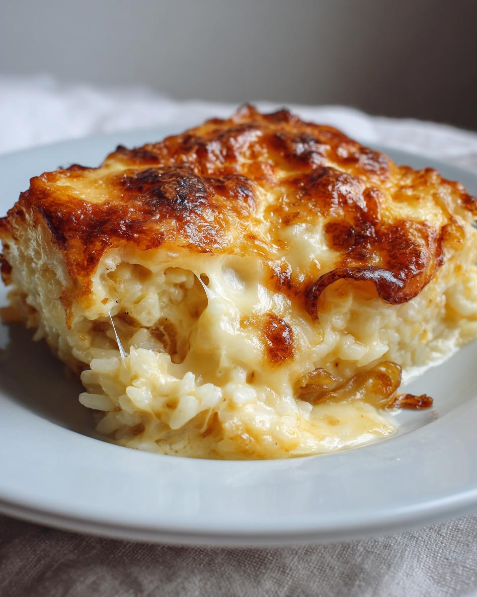 A square serving of baked French onion butter rice with a deeply browned, melted cheese topping.