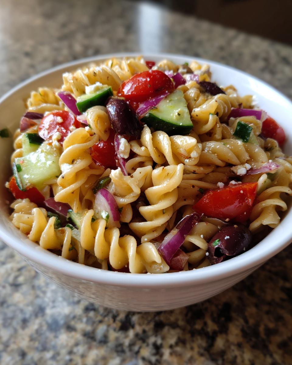 A close-up view of a vibrant greek pasta salad featuring fusilli pasta, cherry tomatoes, cucumbers, red onion, olives, and feta cheese.