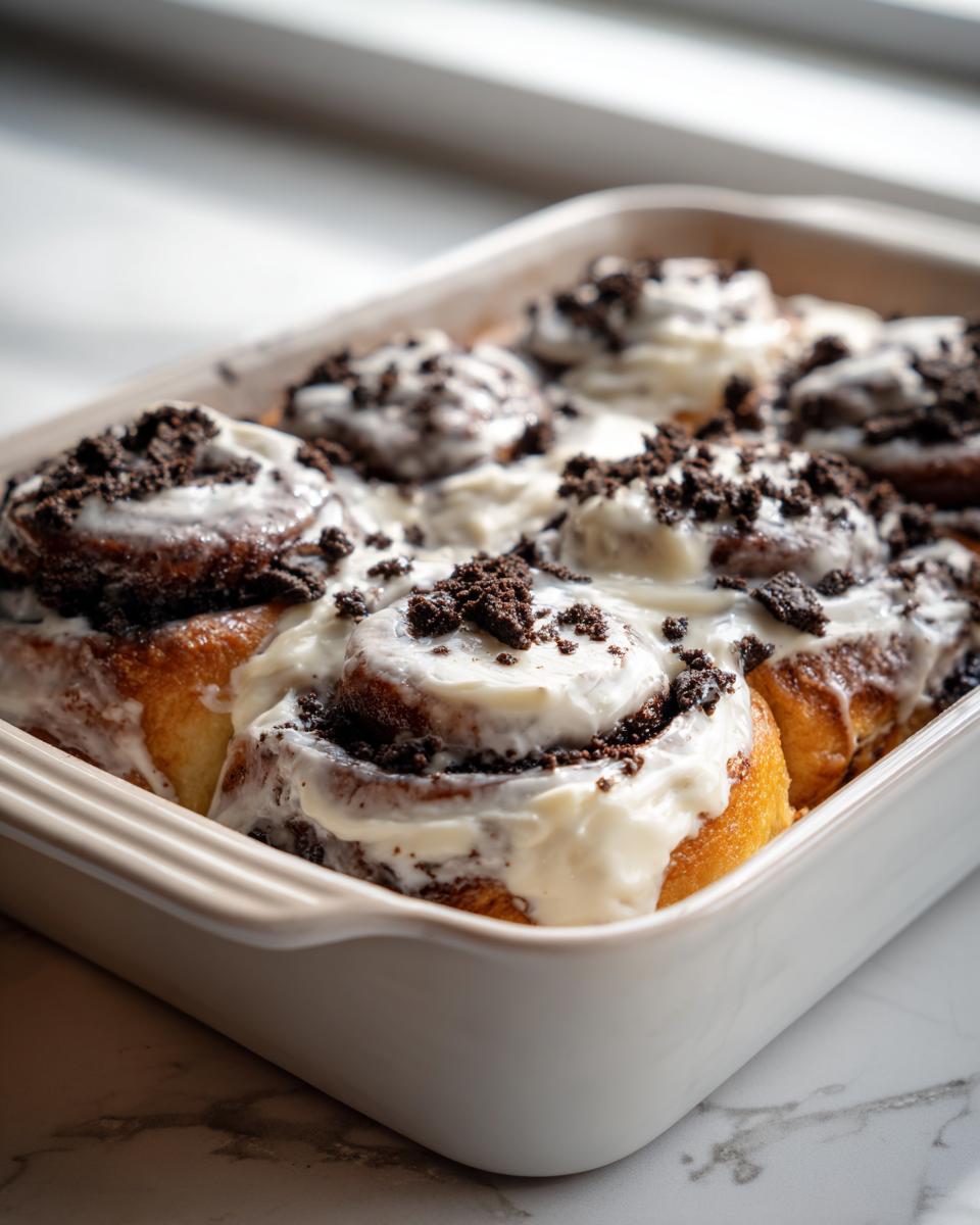 Close-up of freshly baked Oreo cinnamon rolls covered in white icing and crushed Oreo pieces in a light baking dish.